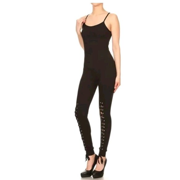 Lace-up Black Buttery Soft Tank Stretch Jumpsuit Size Small Medium - Picture 3 of 5